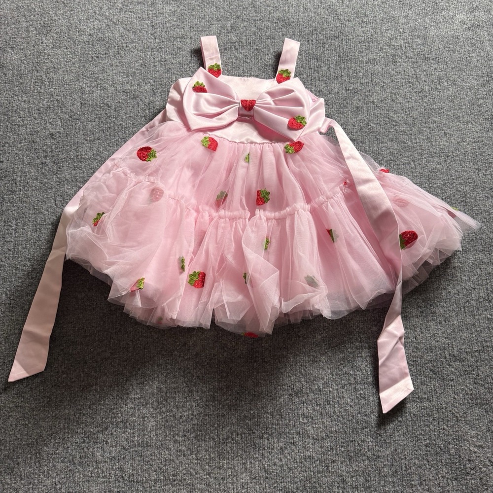 Infant Baby Girl Strawberry Tulle Tutu Dress Pink Satin Bow Birthday Pageant